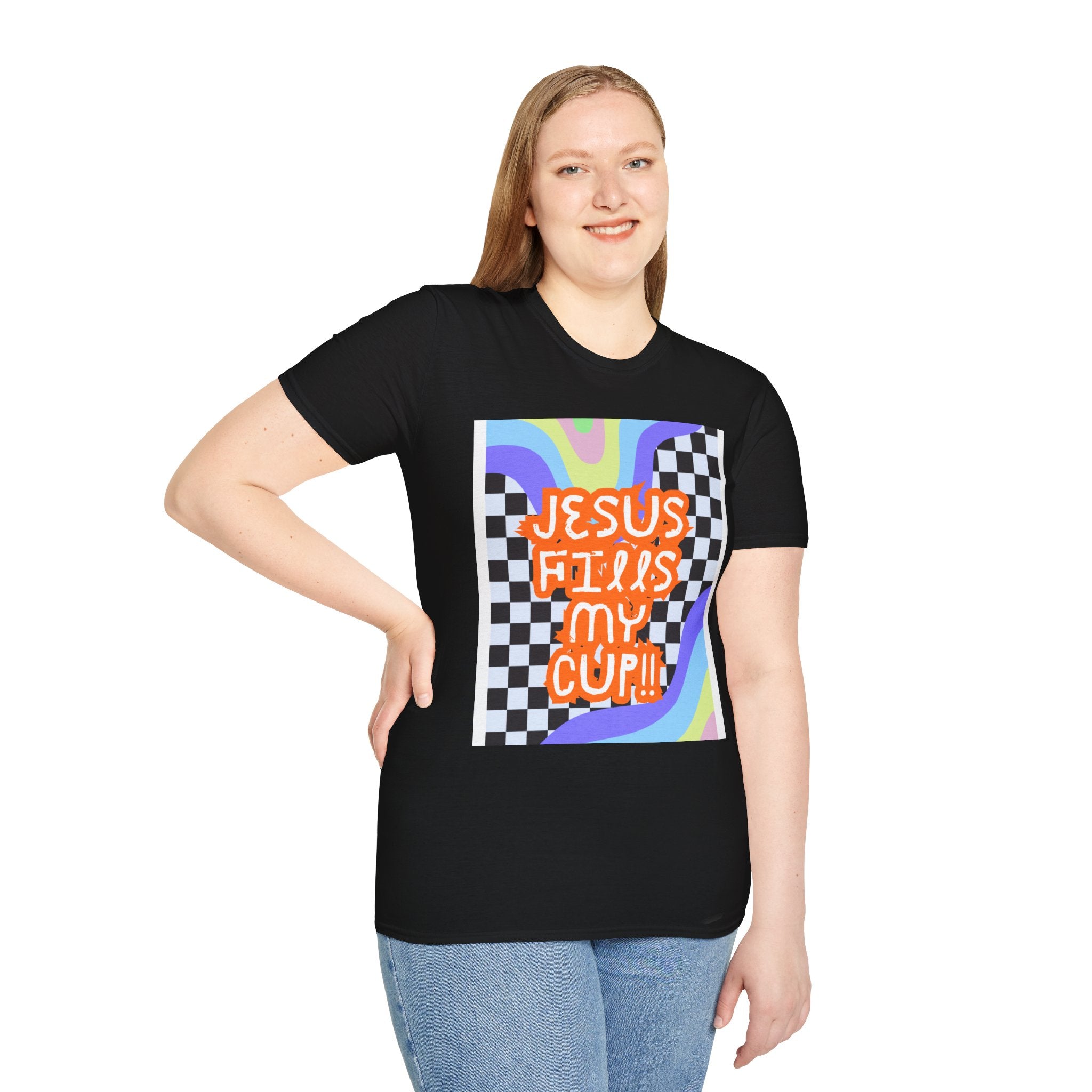 T-Shirt — "Jesus Fills My Cup" Retro Checkerboard Faith Tee