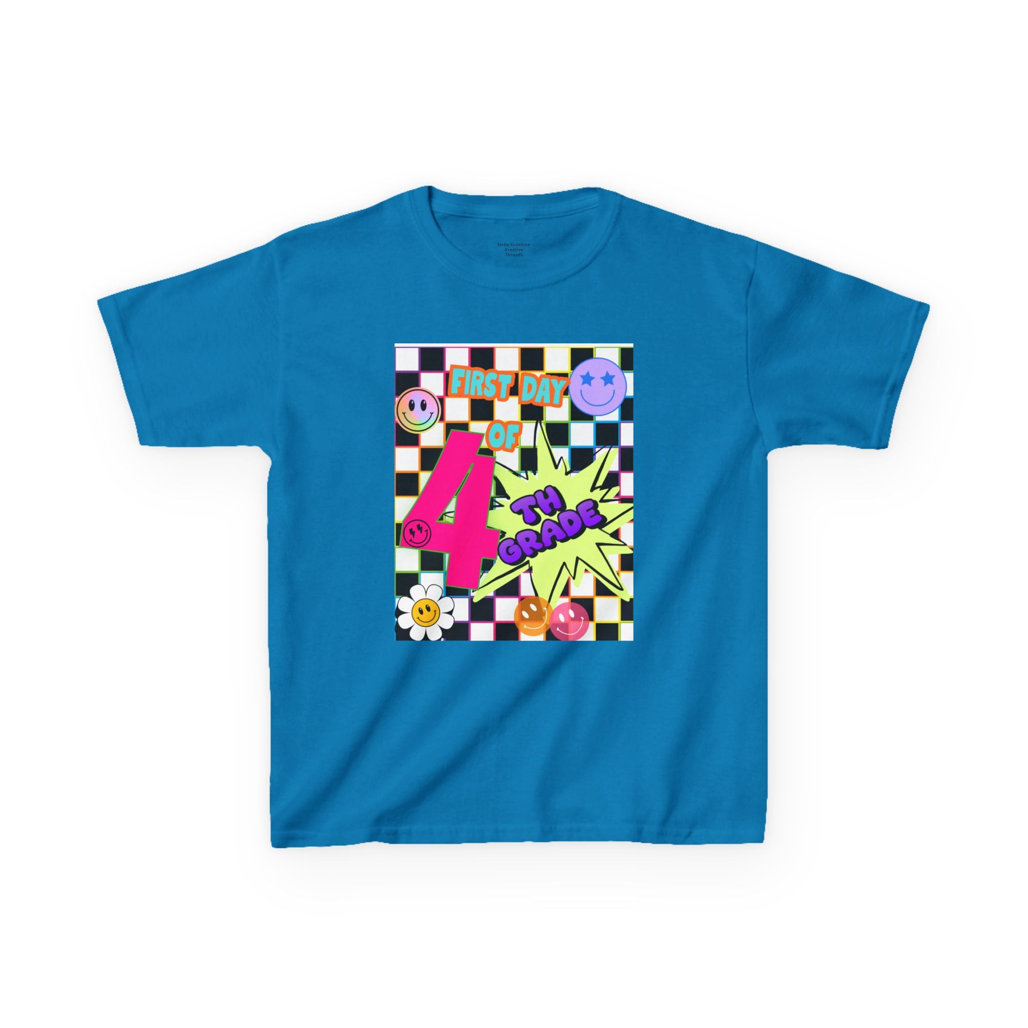Kids 4th Grade First Day T-Shirt — Retro Checkerboard Neon Design