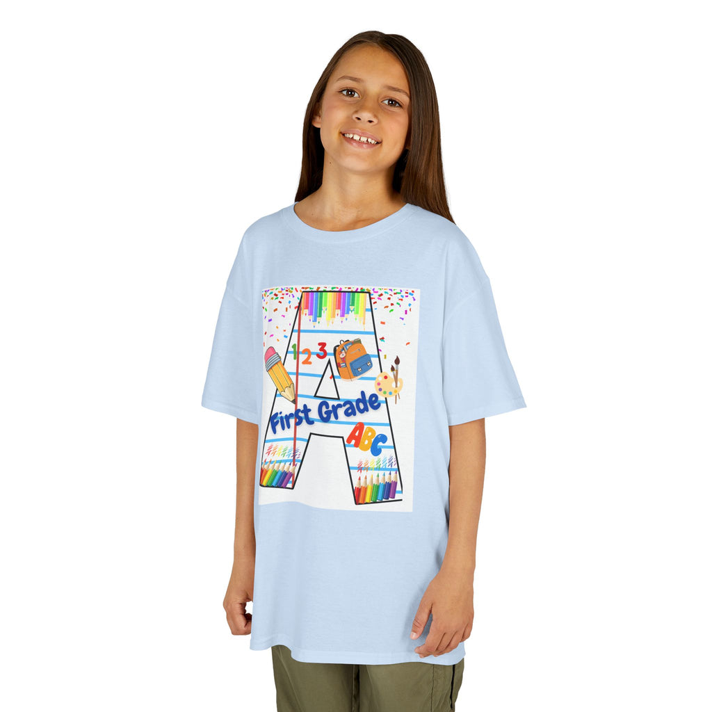 First Grade Kids Tee — Back to School A Monogram T-Shirt with Pencils & ABCs