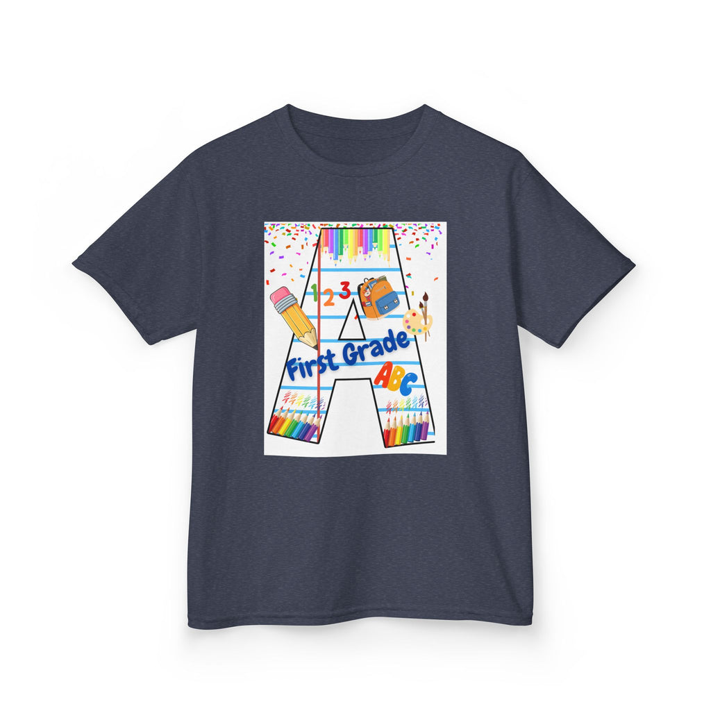 First Grade Kids Tee — Back to School A Monogram T-Shirt with Pencils & ABCs