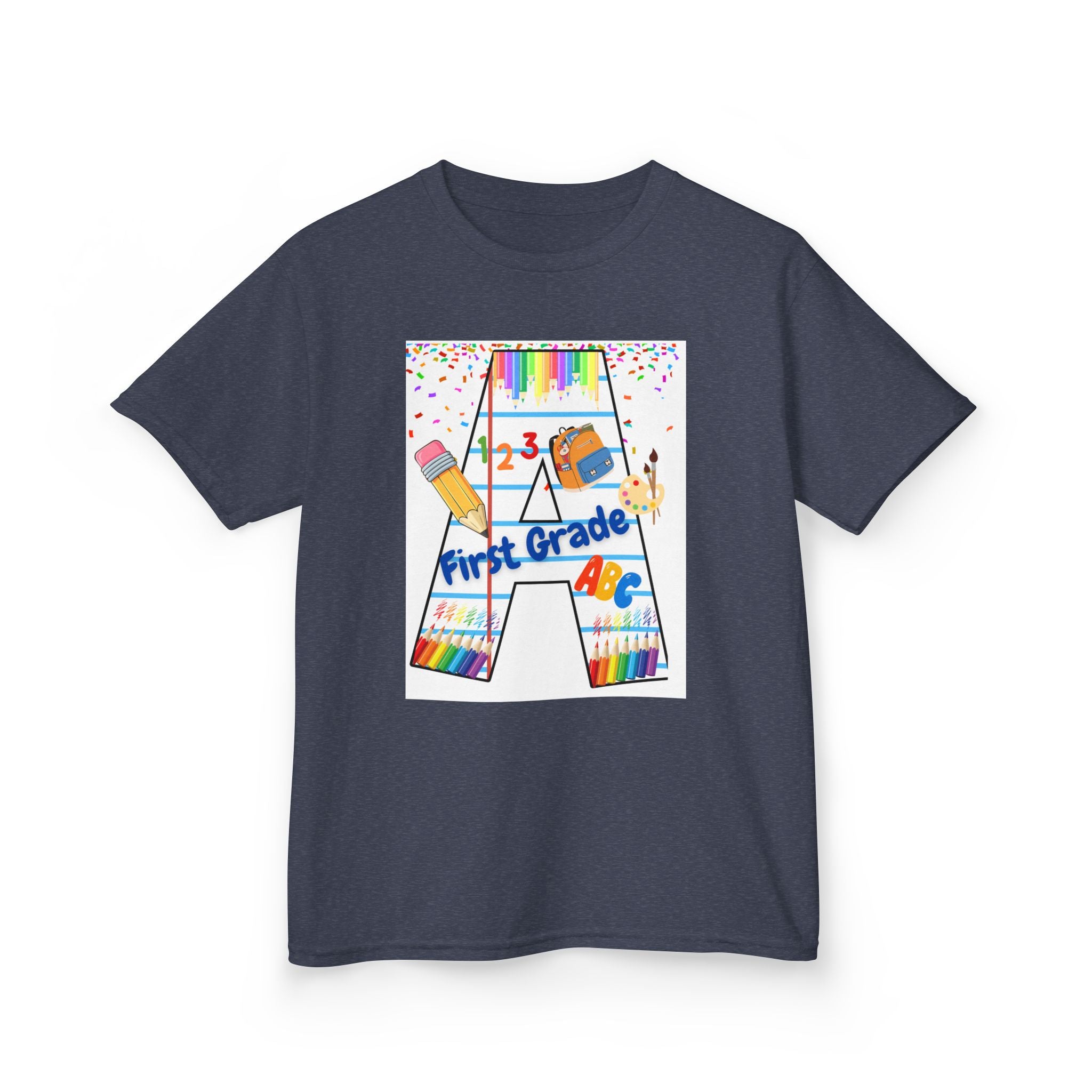 First Grade Kids Tee — Back to School A Monogram T-Shirt with Pencils & ABCs