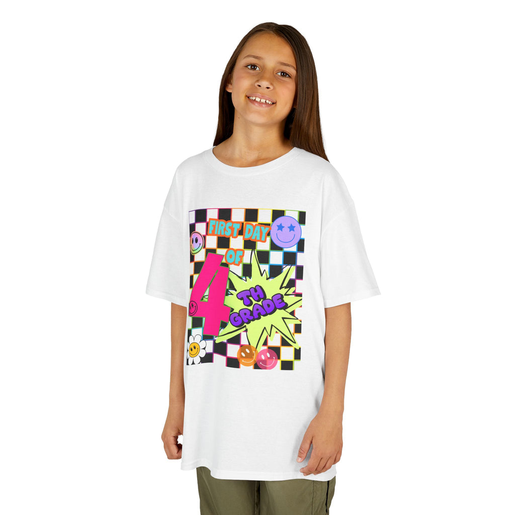 Kids 4th Grade First Day T-Shirt — Retro Checkerboard Neon Design