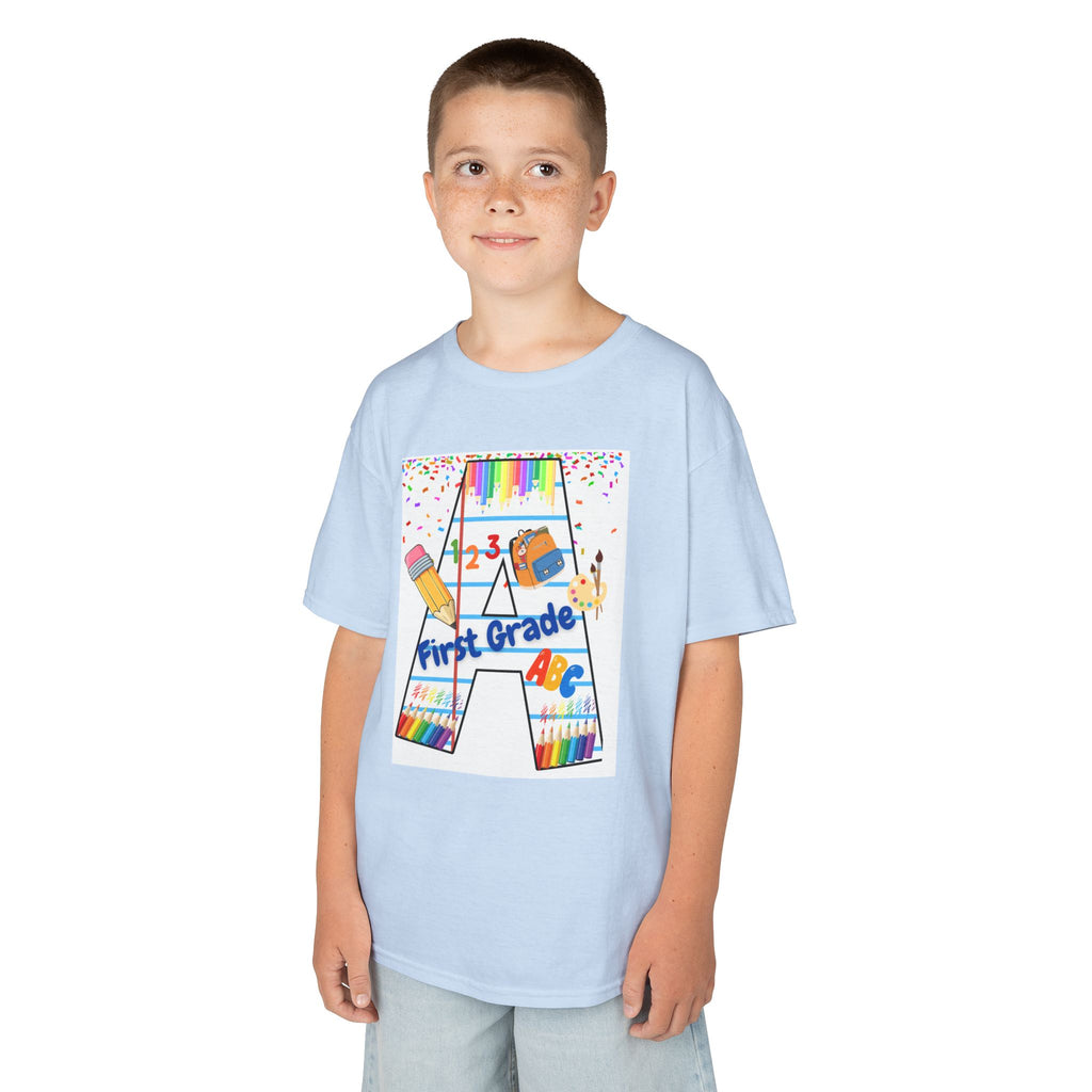 First Grade Kids Tee — Back to School A Monogram T-Shirt with Pencils & ABCs