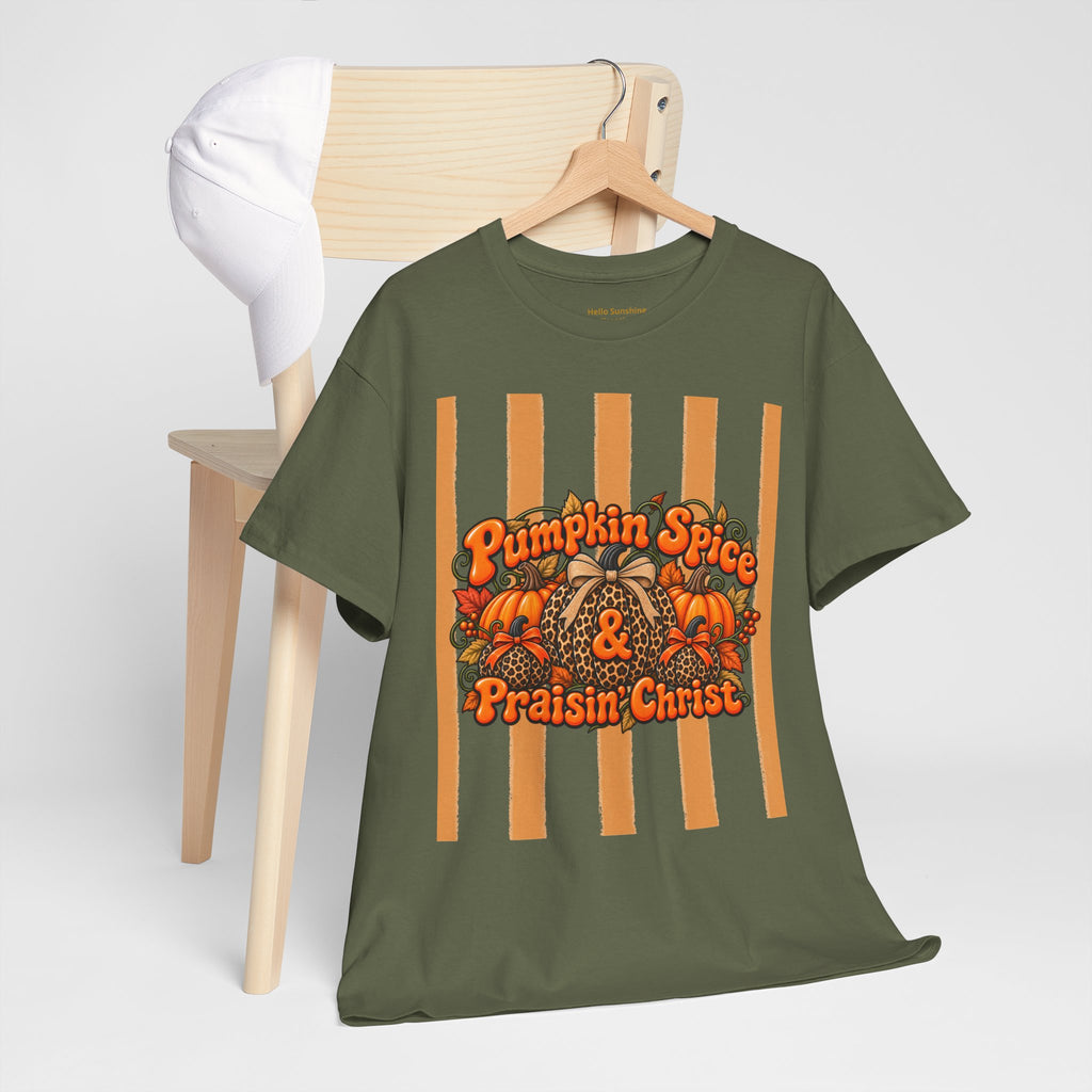 Pumpkin Spice & Praisin' Christ Tee — Fall Christian Pumpkin Graphic T-Shirt