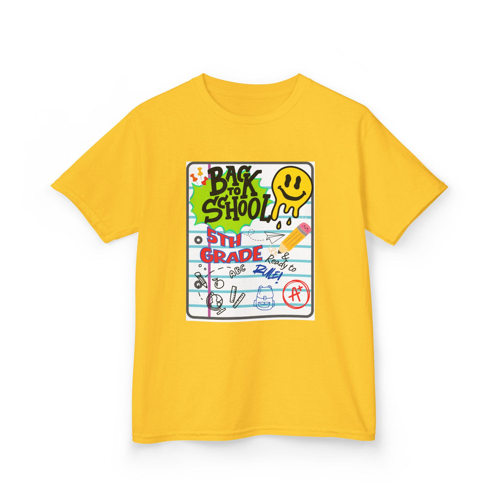 Kids "Back to School" Notebook Graphic Tee – 5th Grade Smiley Doodle Shirt