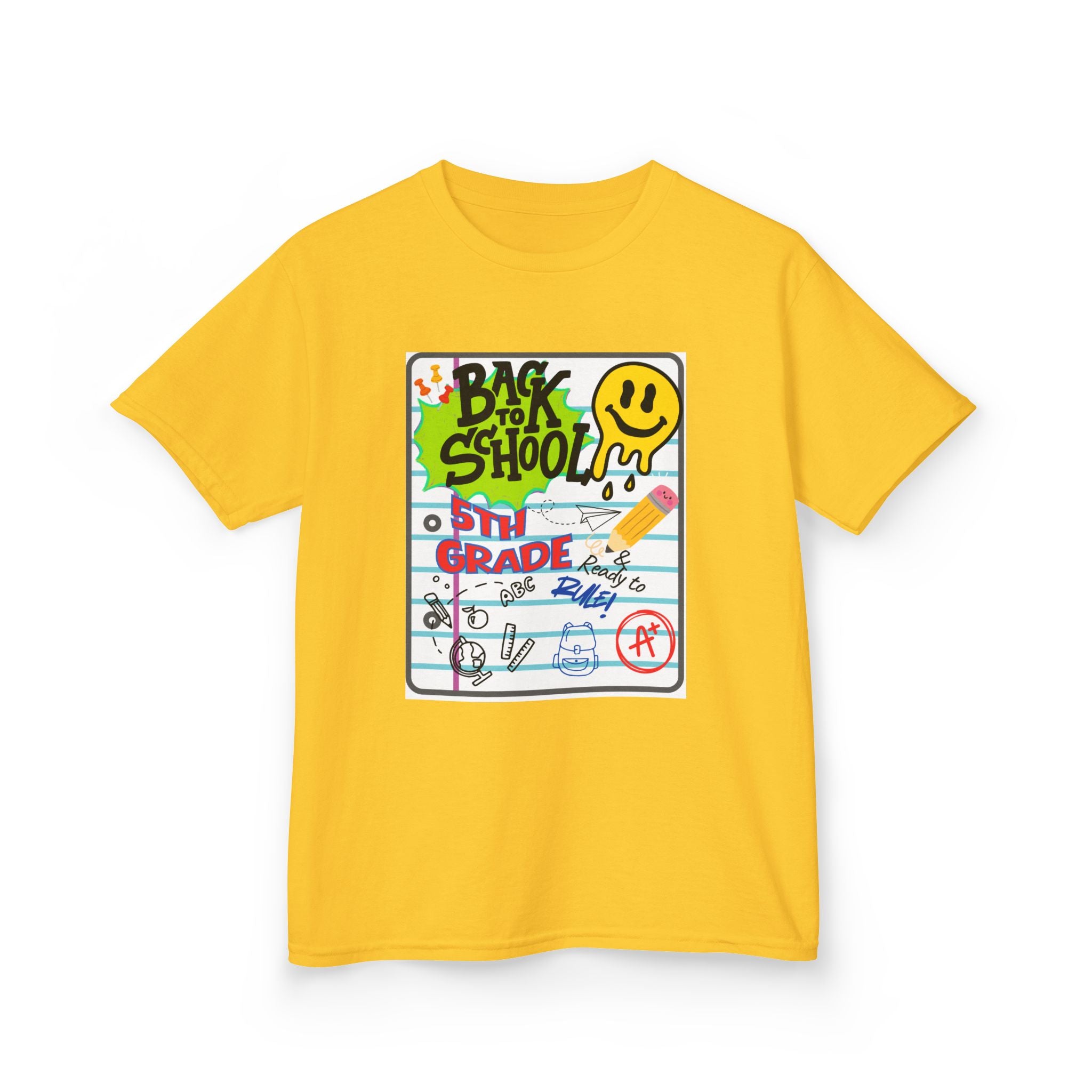 Kids "Back to School" Notebook Graphic Tee – 5th Grade Smiley Doodle Shirt