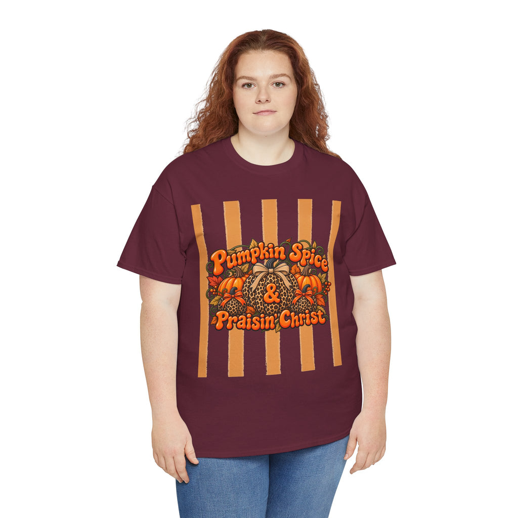 Pumpkin Spice & Praisin' Christ Tee — Fall Christian Pumpkin Graphic T-Shirt