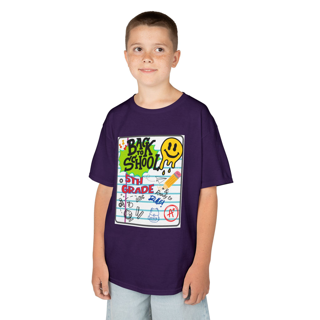 Kids "Back to School" Notebook Graphic Tee – 5th Grade Smiley Doodle Shirt