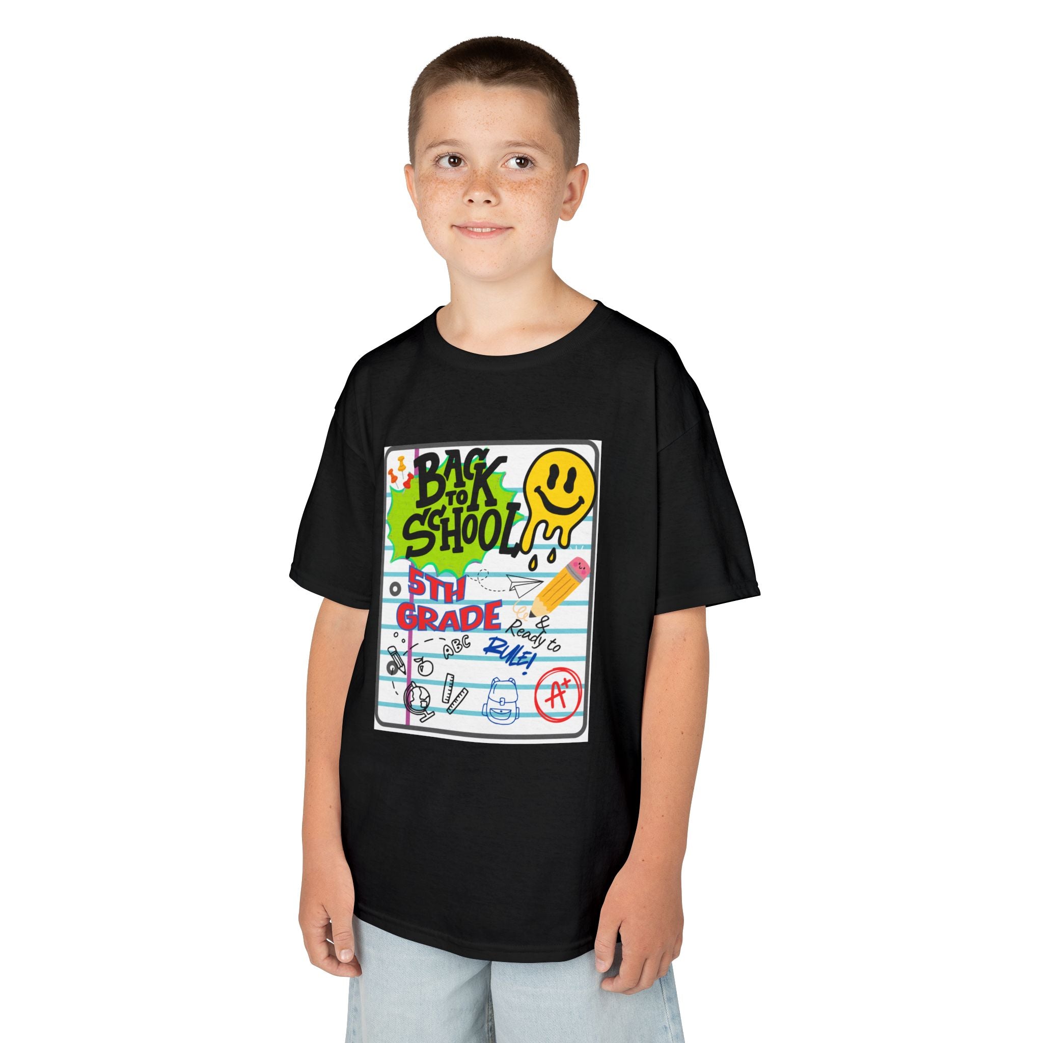 Kids "Back to School" Notebook Graphic Tee – 5th Grade Smiley Doodle Shirt