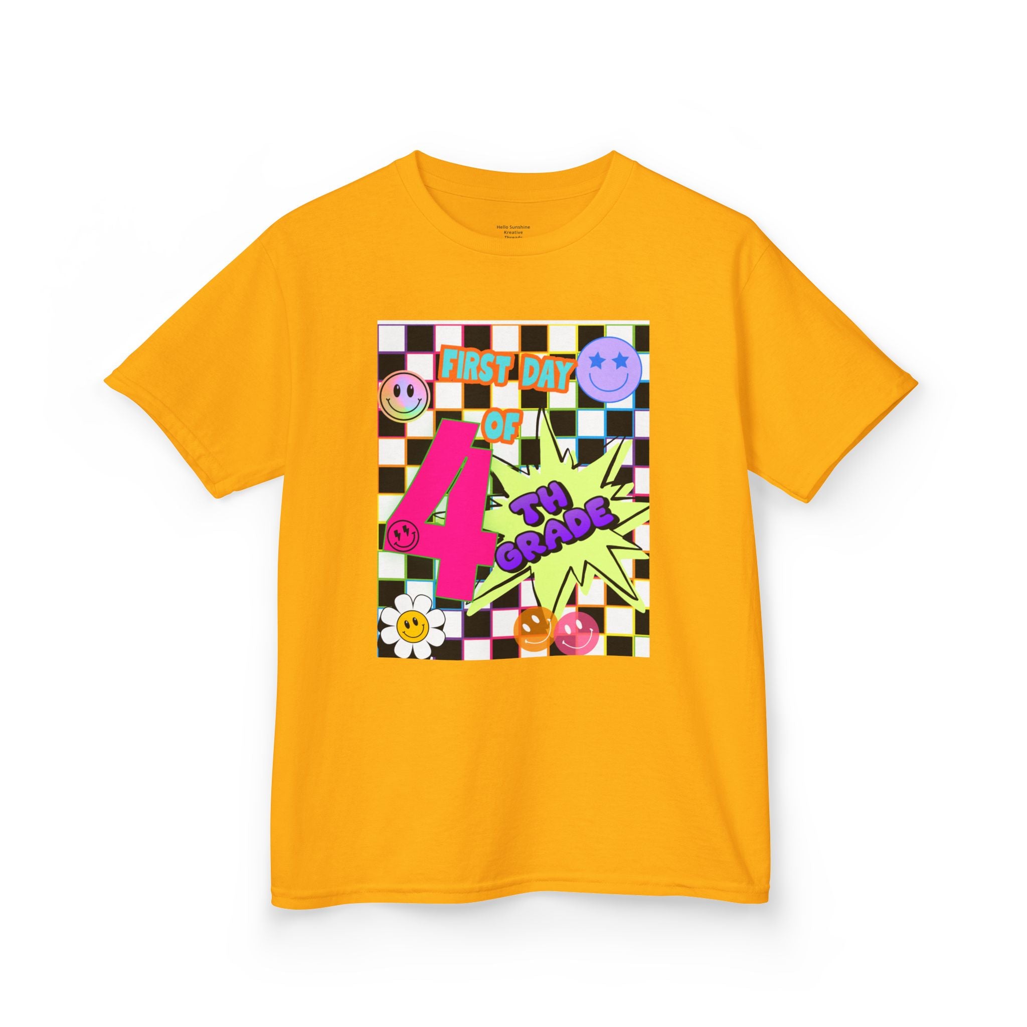 Kids 4th Grade First Day T-Shirt — Retro Checkerboard Neon Design