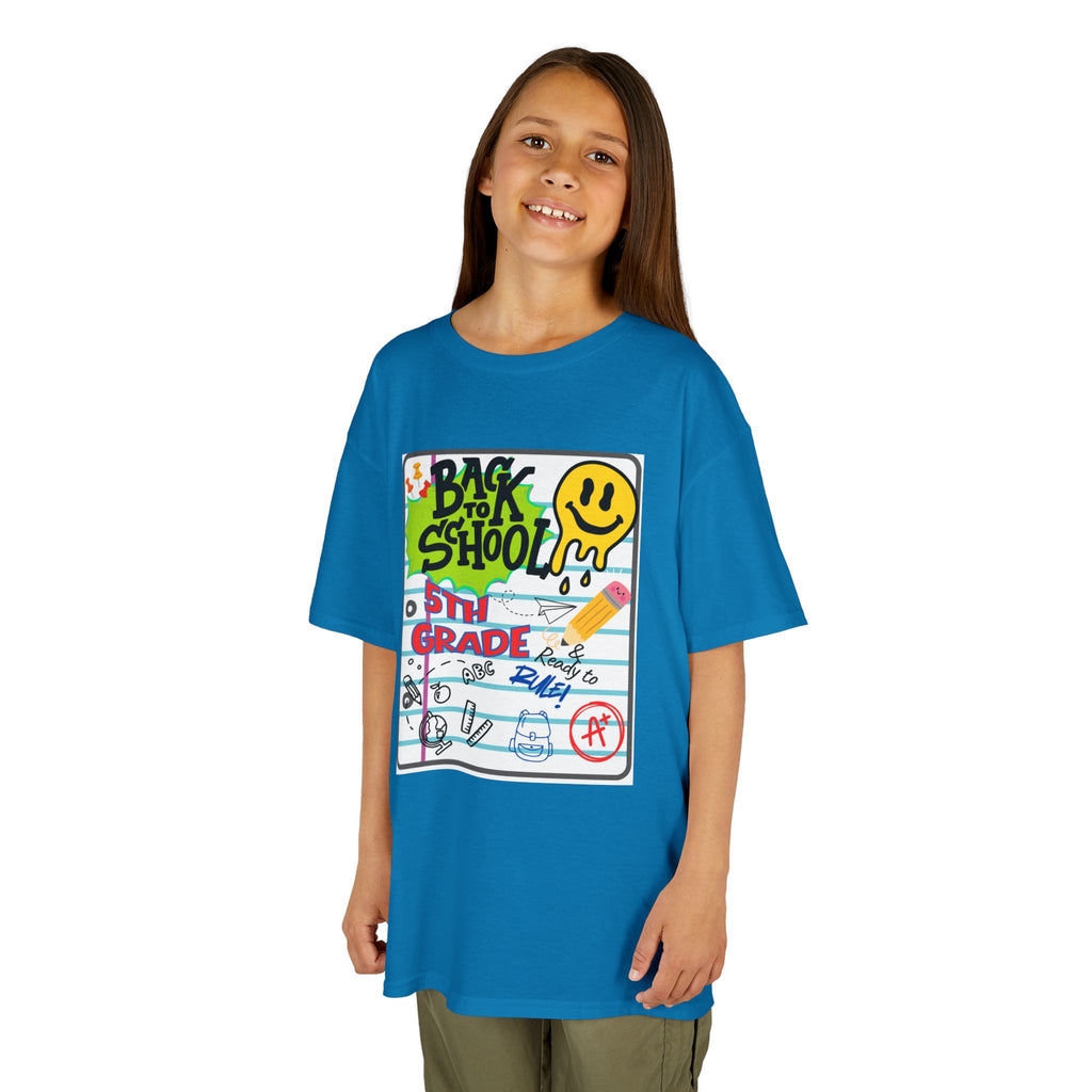 Kids "Back to School" Notebook Graphic Tee – 5th Grade Smiley Doodle Shirt
