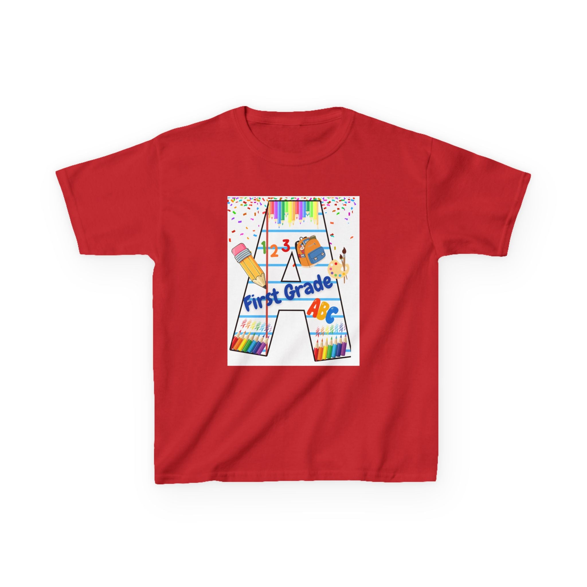 First Grade Kids Tee — Back to School A Monogram T-Shirt with Pencils & ABCs