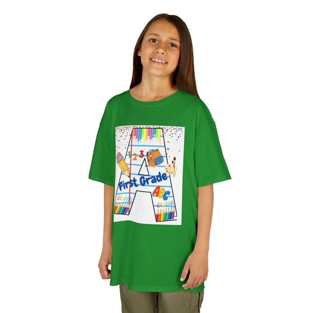 First Grade Kids Tee — Back to School A Monogram T-Shirt with Pencils & ABCs