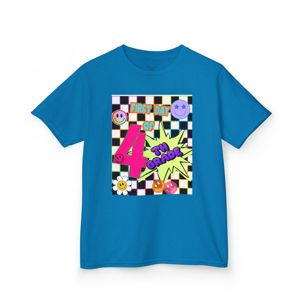 Kids 4th Grade First Day T-Shirt — Retro Checkerboard Neon Design
