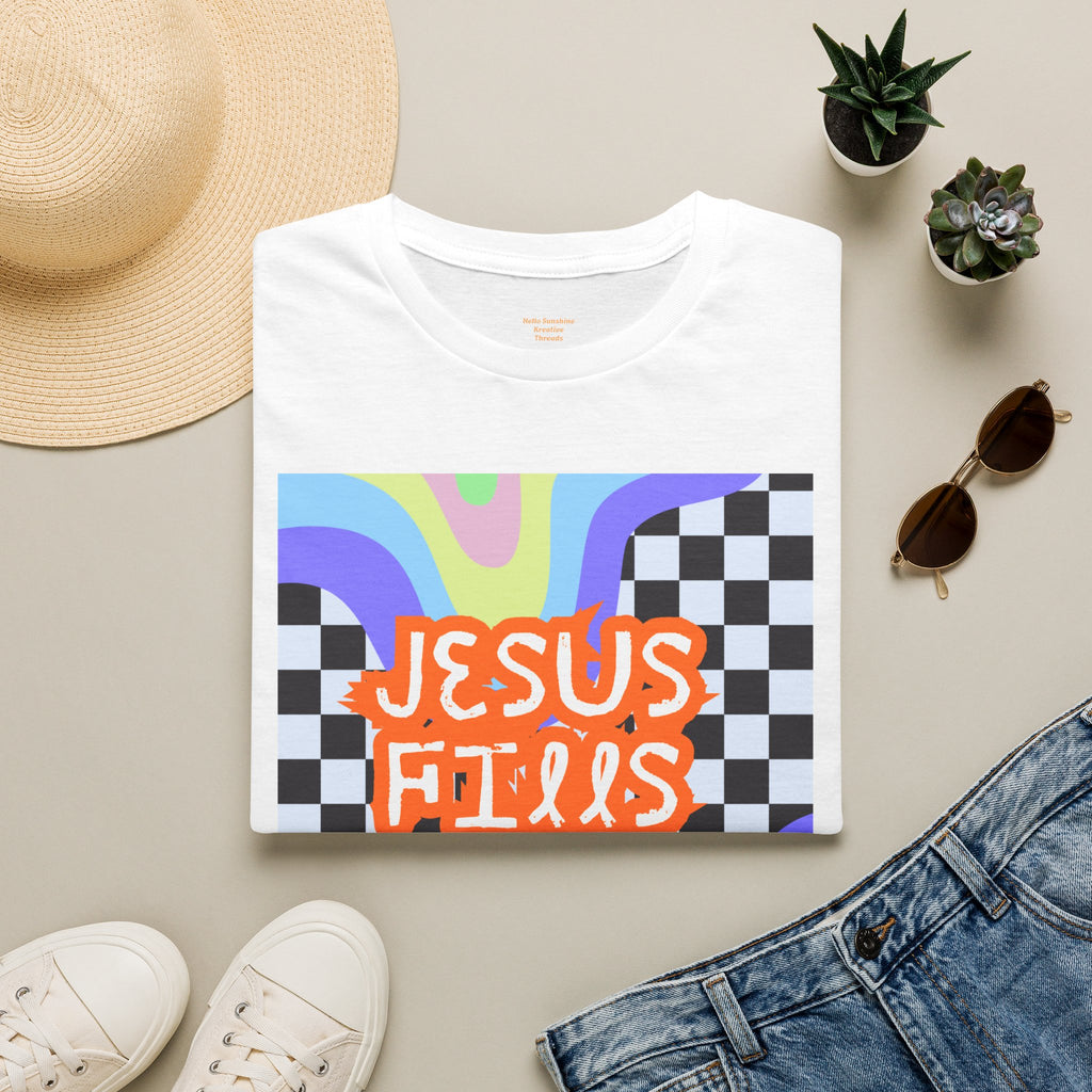 T-Shirt — "Jesus Fills My Cup" Retro Checkerboard Faith Tee