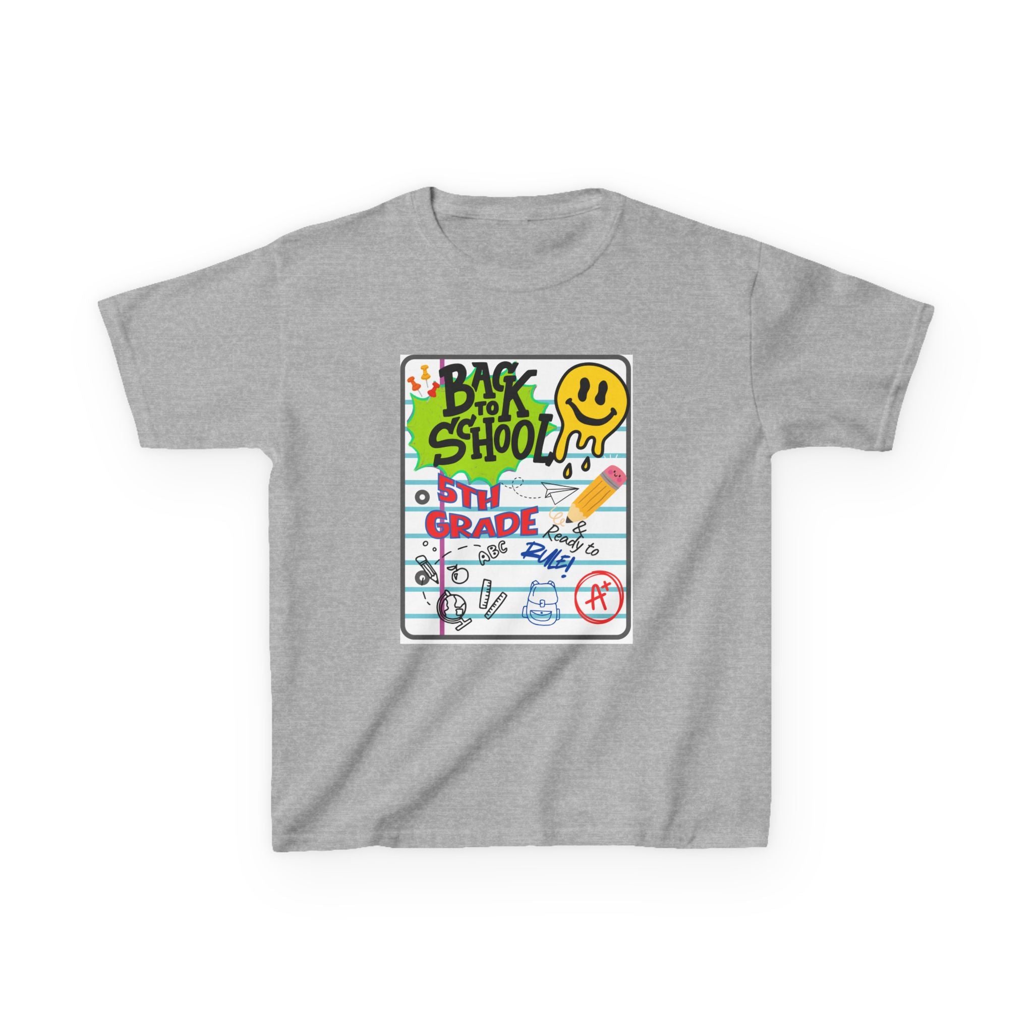 Kids "Back to School" Notebook Graphic Tee – 5th Grade Smiley Doodle Shirt