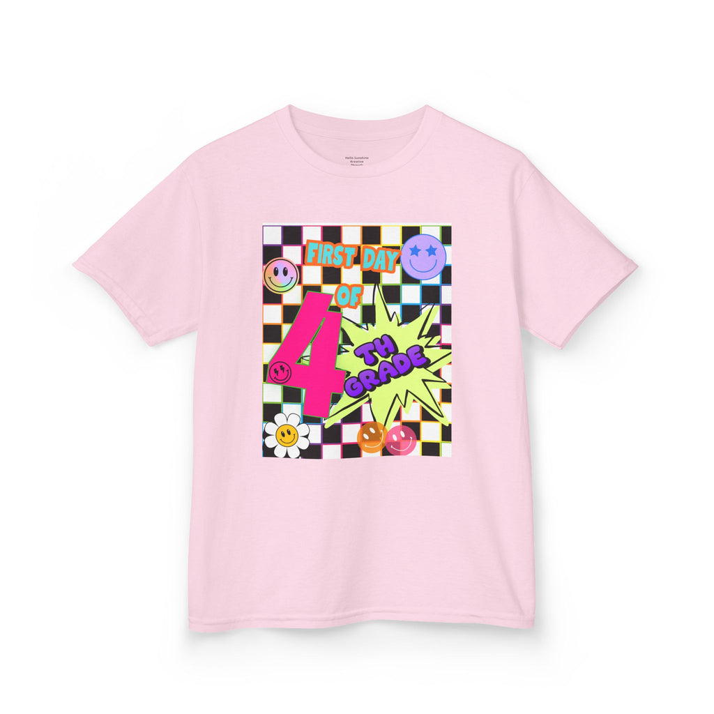 Kids 4th Grade First Day T-Shirt — Retro Checkerboard Neon Design