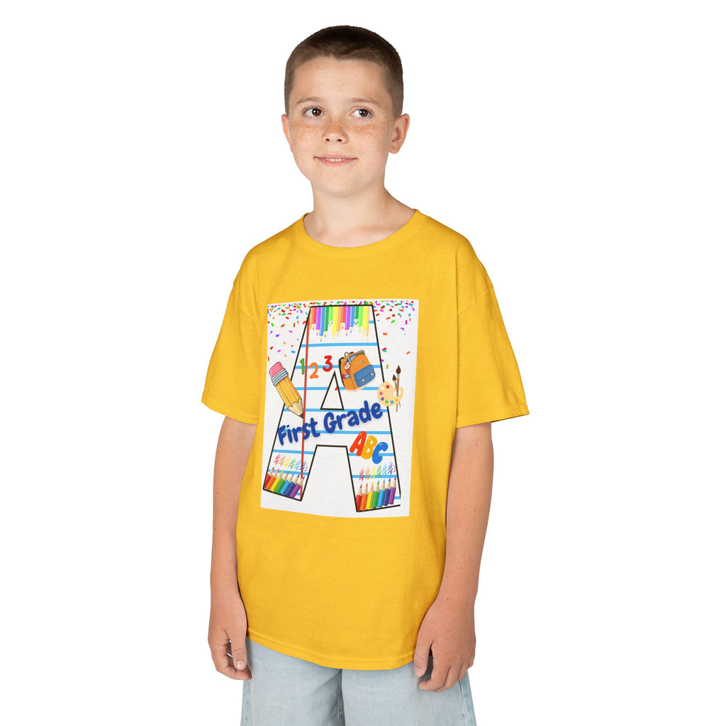 First Grade Kids Tee — Back to School A Monogram T-Shirt with Pencils & ABCs