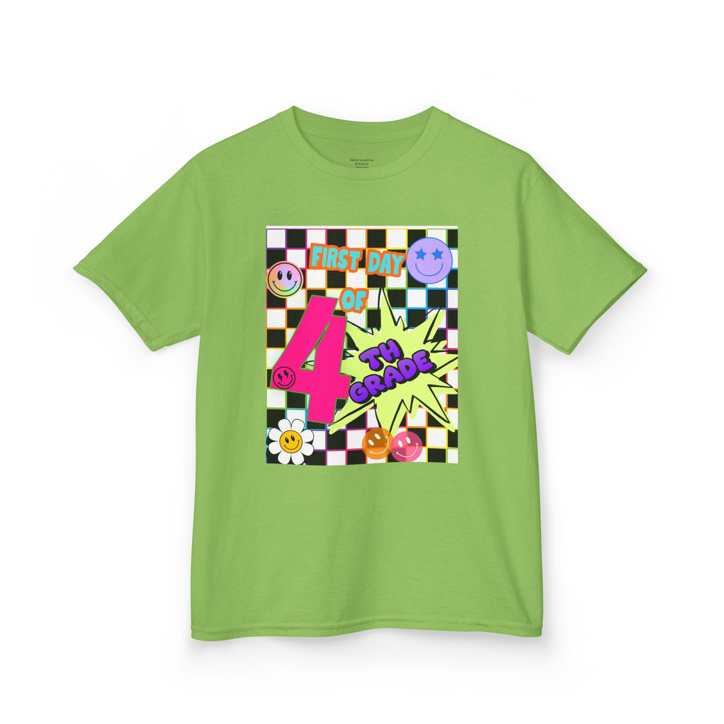 Kids 4th Grade First Day T-Shirt — Retro Checkerboard Neon Design