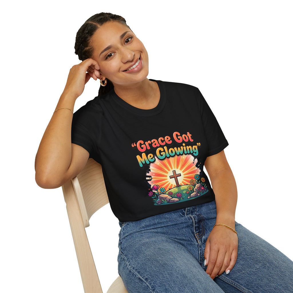 T-Shirt — "Grace Got Me Glowing" Christian Retro Sunrise Faith Tee