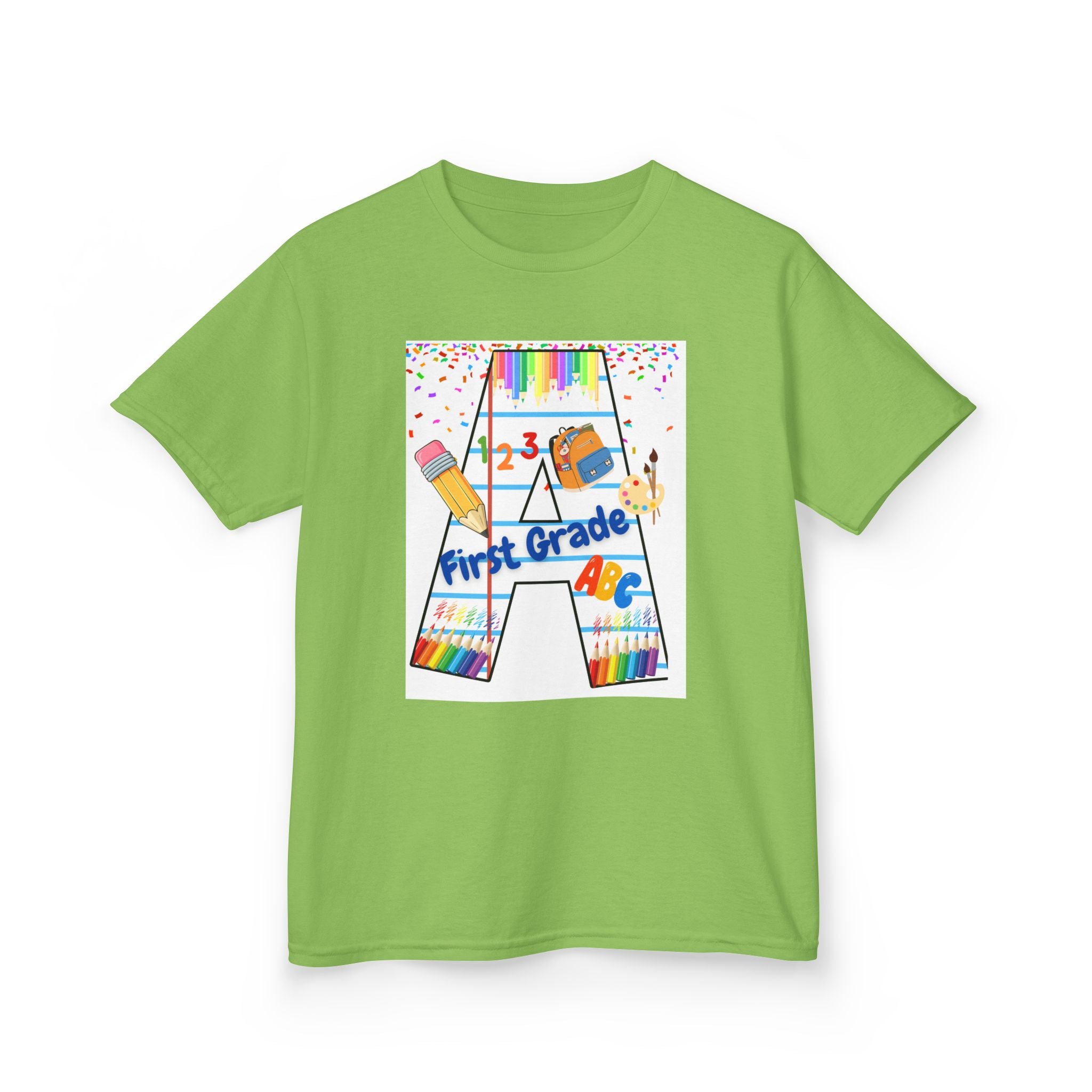 First Grade Kids Tee — Back to School A Monogram T-Shirt with Pencils & ABCs