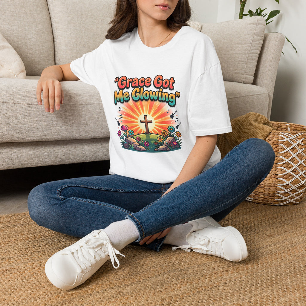 T-Shirt — "Grace Got Me Glowing" Christian Retro Sunrise Faith Tee