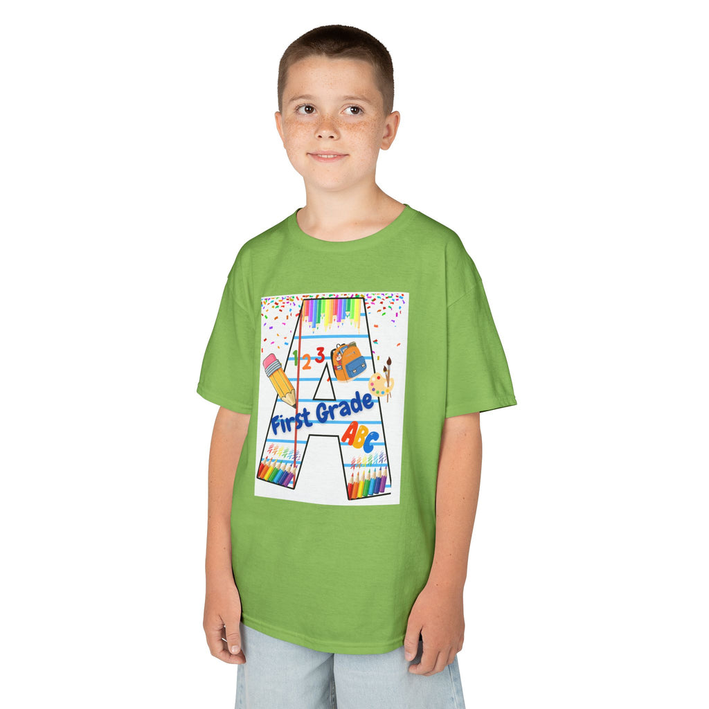 First Grade Kids Tee — Back to School A Monogram T-Shirt with Pencils & ABCs