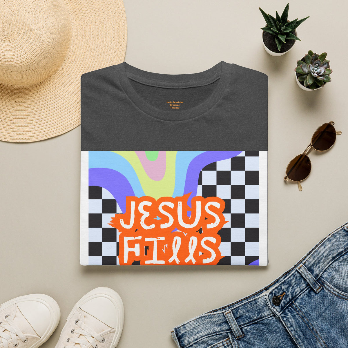 T-Shirt — "Jesus Fills My Cup" Retro Checkerboard Faith Tee