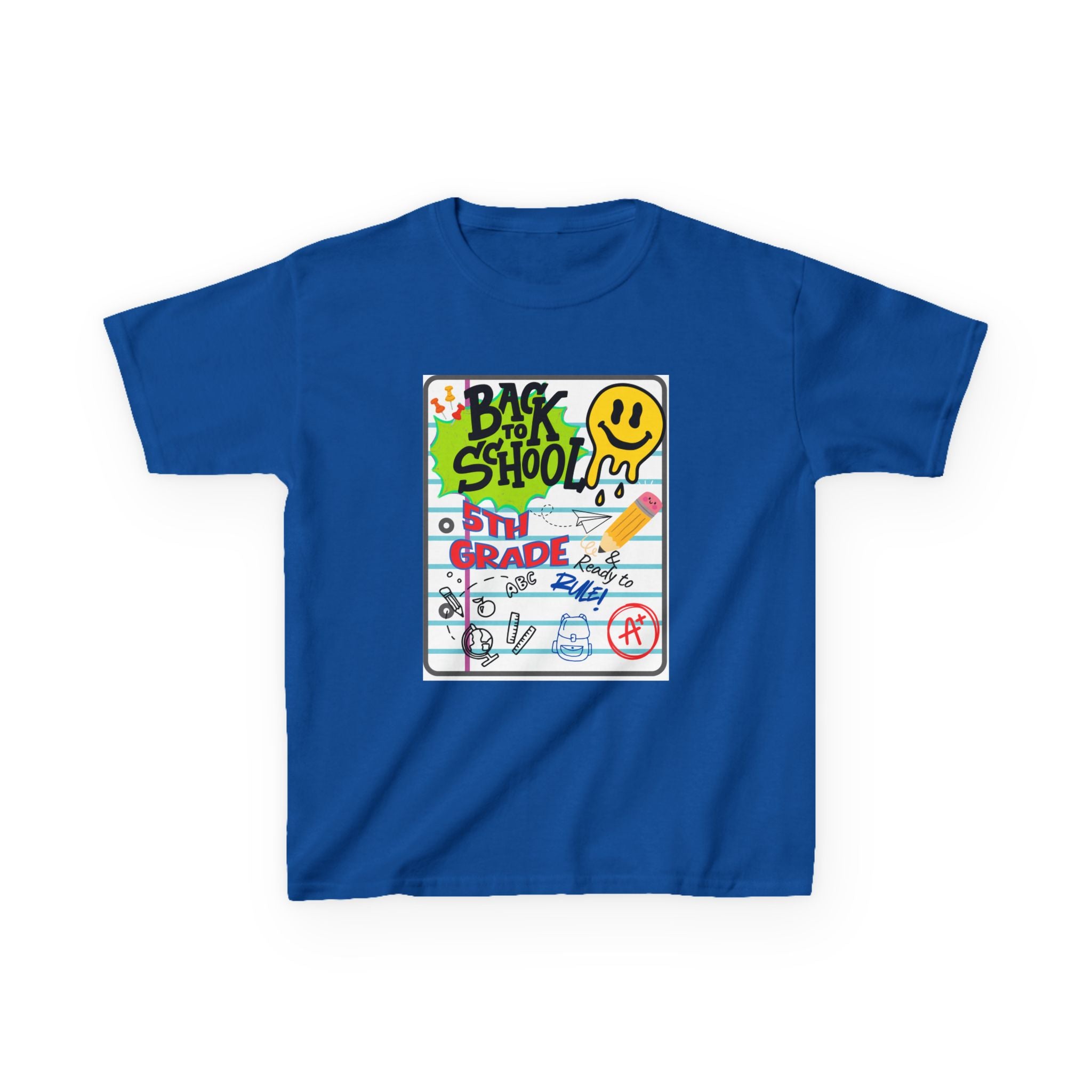 Kids "Back to School" Notebook Graphic Tee – 5th Grade Smiley Doodle Shirt