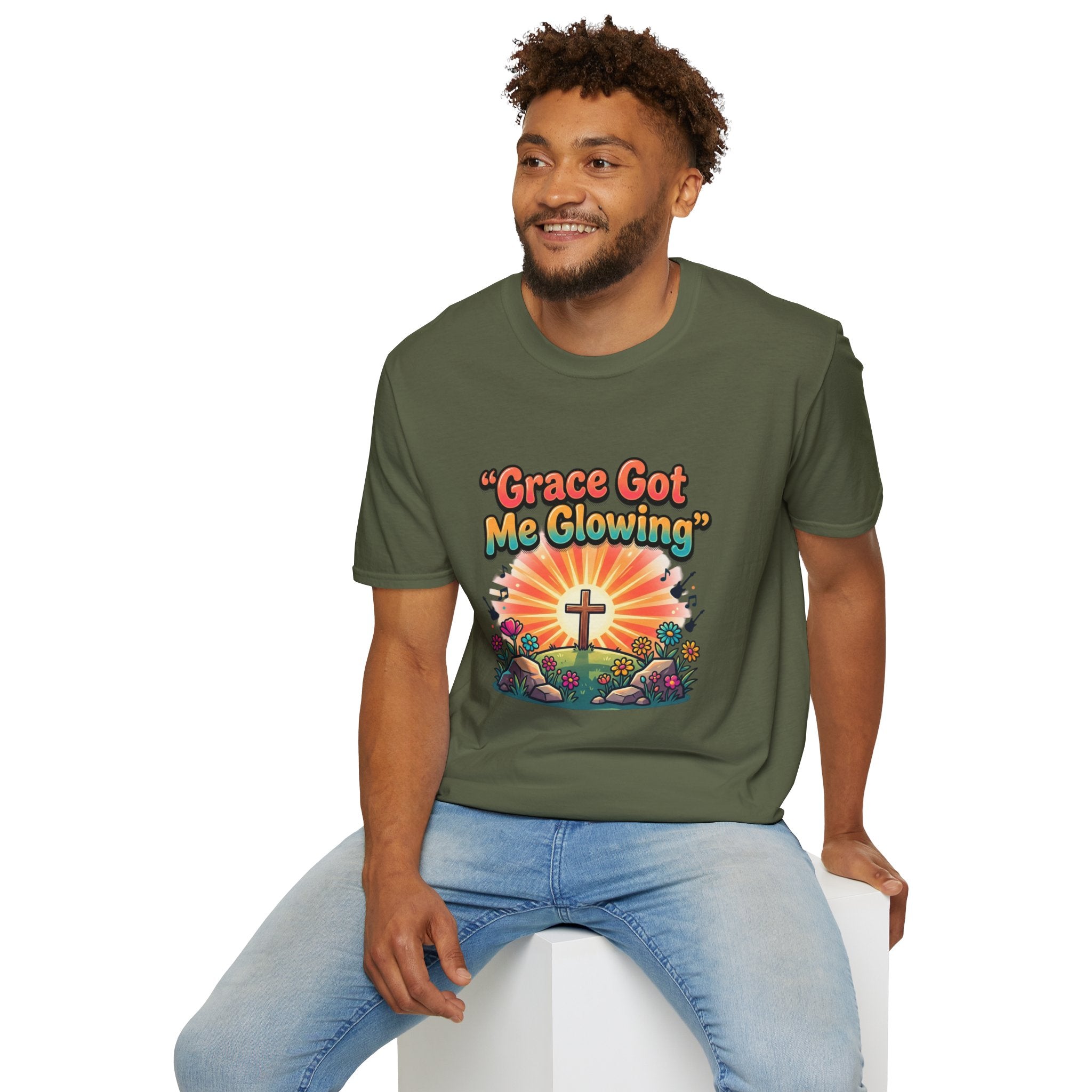 T-Shirt — "Grace Got Me Glowing" Christian Retro Sunrise Faith Tee