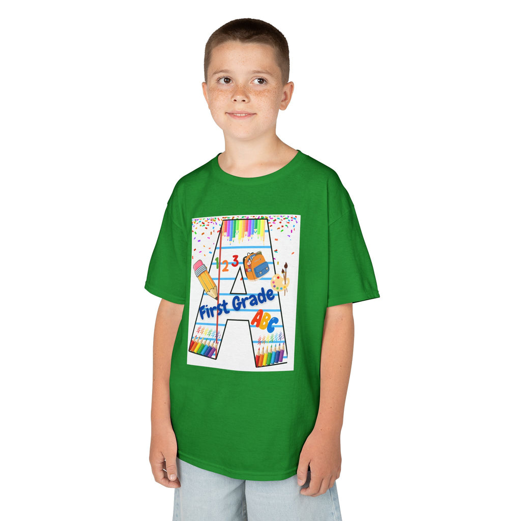 First Grade Kids Tee — Back to School A Monogram T-Shirt with Pencils & ABCs