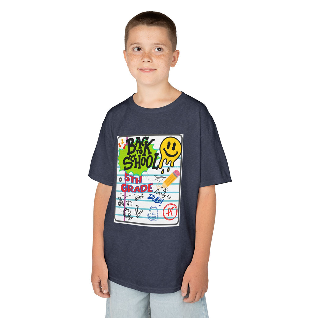 Kids "Back to School" Notebook Graphic Tee – 5th Grade Smiley Doodle Shirt