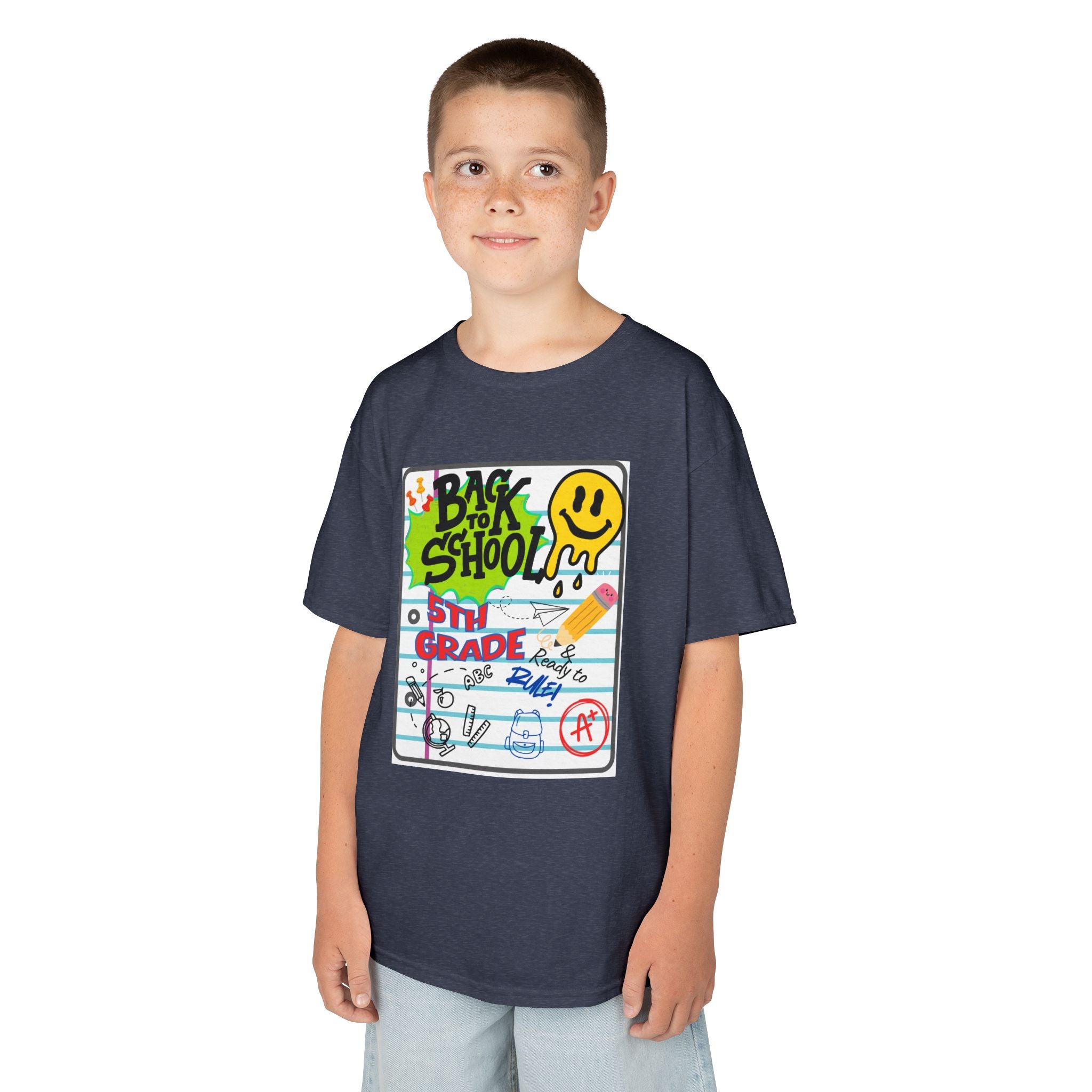Kids "Back to School" Notebook Graphic Tee – 5th Grade Smiley Doodle Shirt