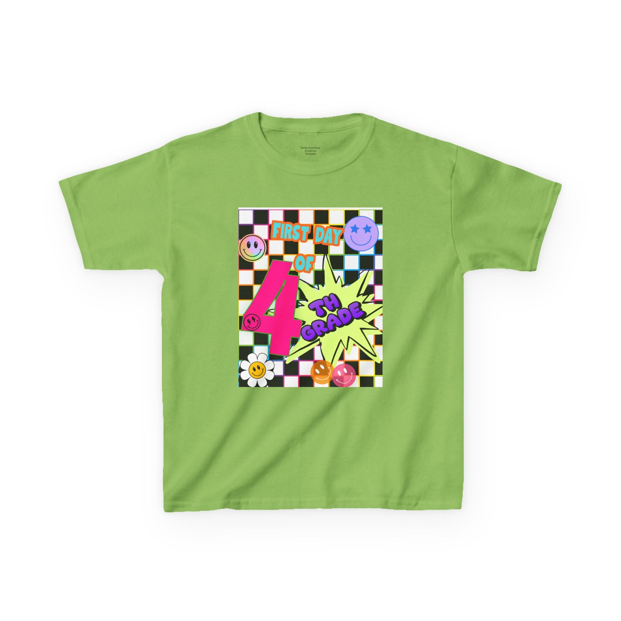 Kids 4th Grade First Day T-Shirt — Retro Checkerboard Neon Design