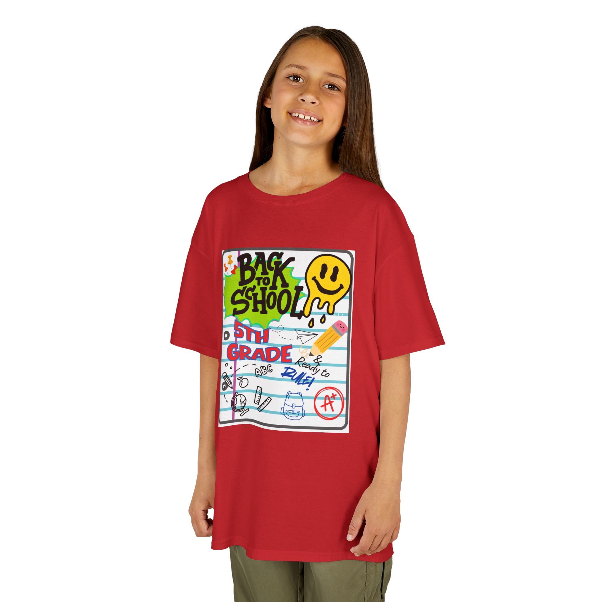 Kids "Back to School" Notebook Graphic Tee – 5th Grade Smiley Doodle Shirt