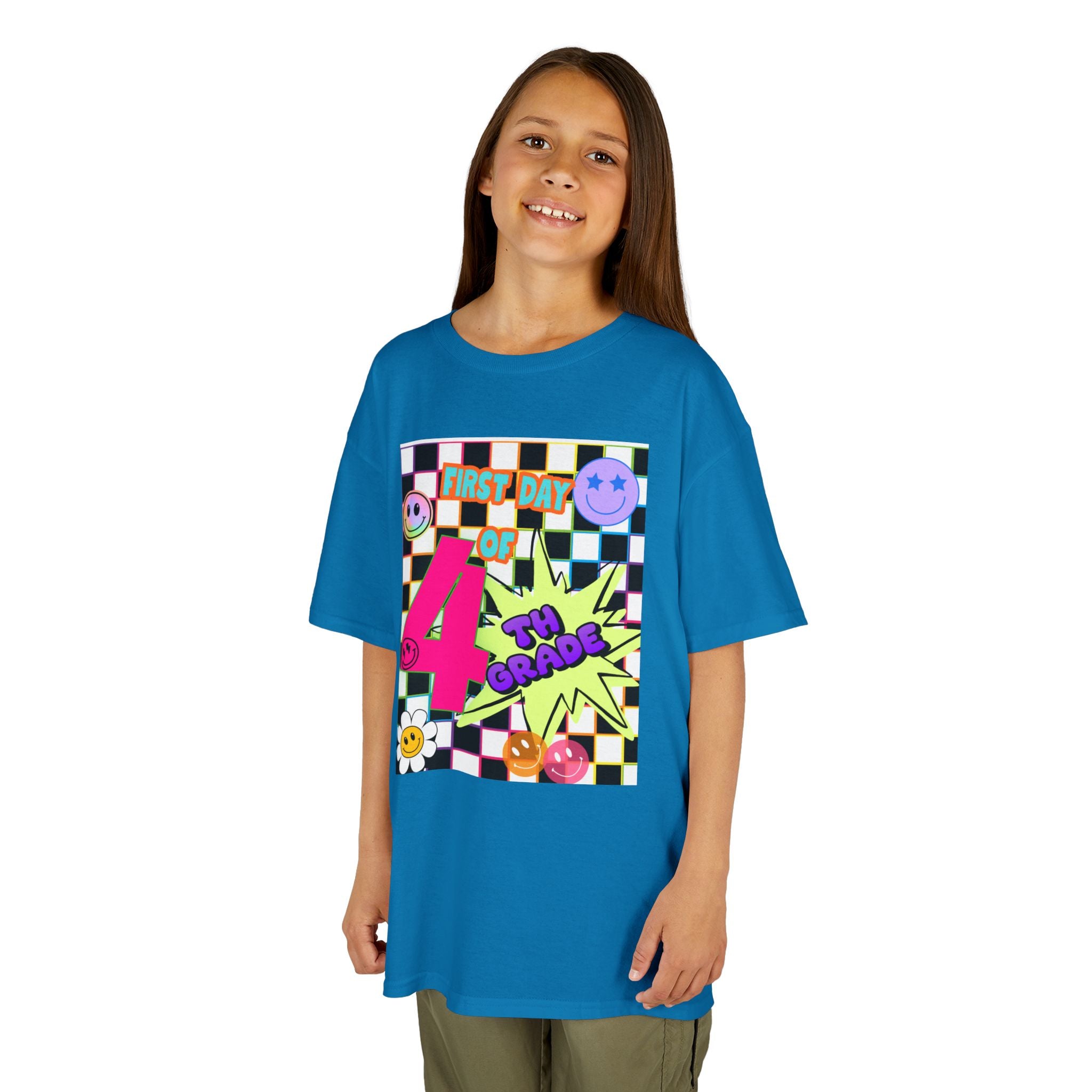 Kids 4th Grade First Day T-Shirt — Retro Checkerboard Neon Design