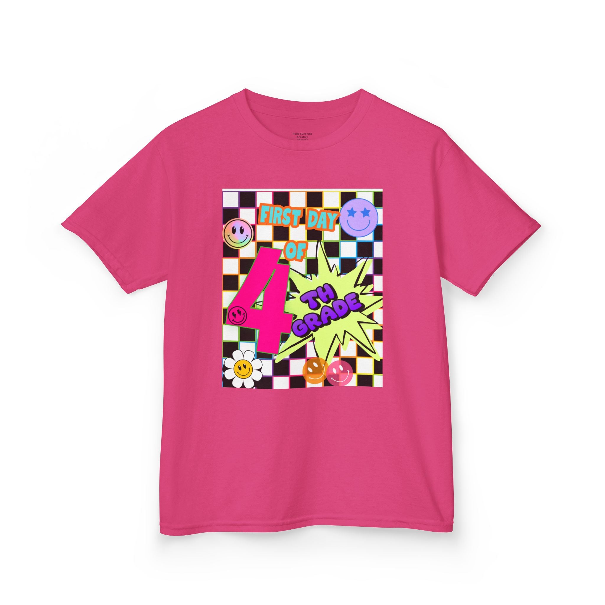 Kids 4th Grade First Day T-Shirt — Retro Checkerboard Neon Design