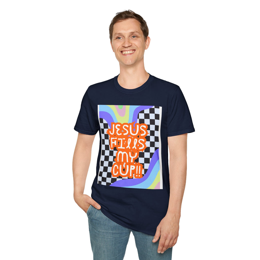 T-Shirt — "Jesus Fills My Cup" Retro Checkerboard Faith Tee