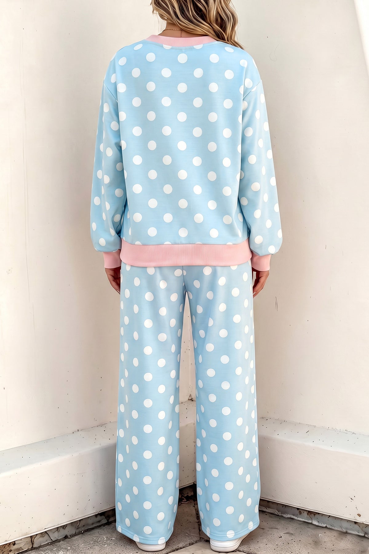 Khaki Polka Dot Contrast Trim Long Sleeve Top Drawstring Shift Pants Set