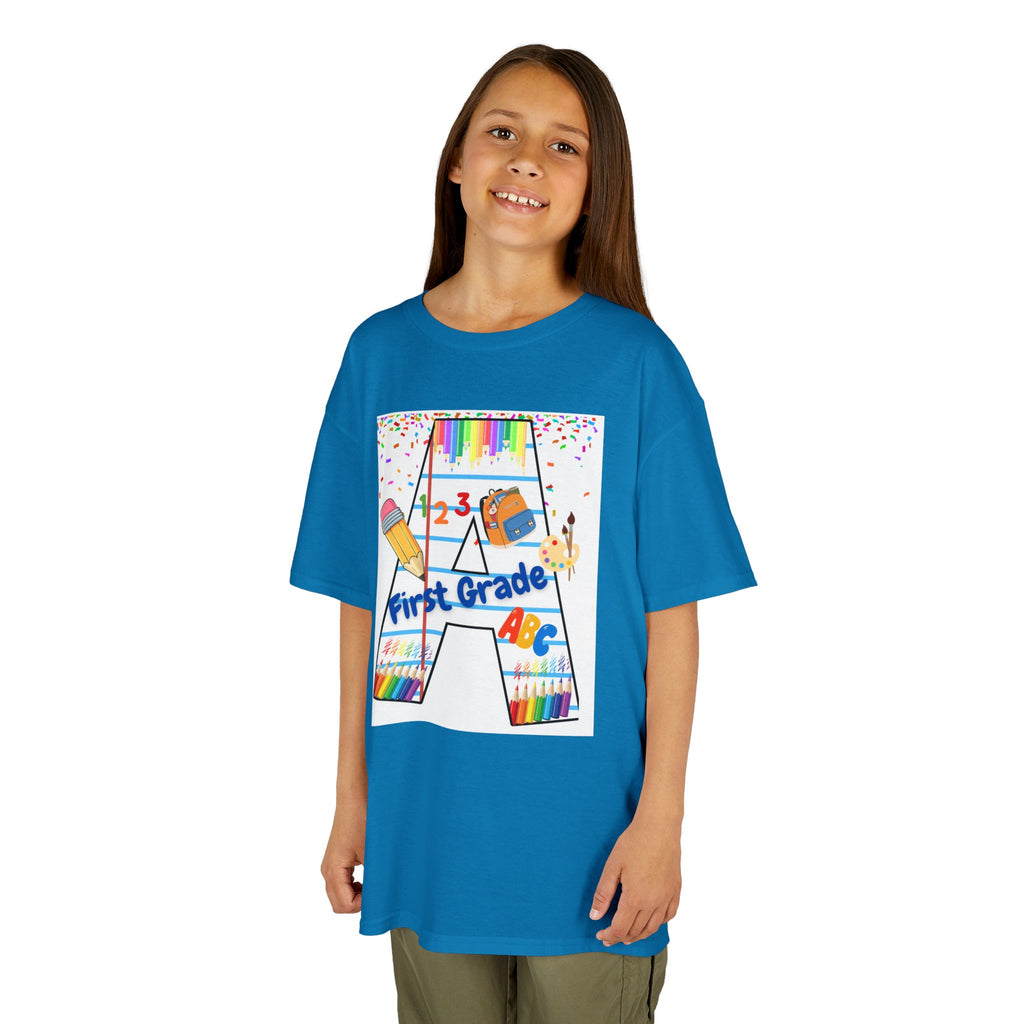First Grade Kids Tee — Back to School A Monogram T-Shirt with Pencils & ABCs