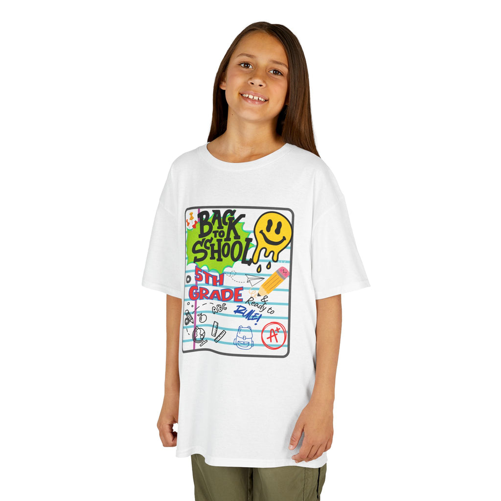 Kids "Back to School" Notebook Graphic Tee – 5th Grade Smiley Doodle Shirt