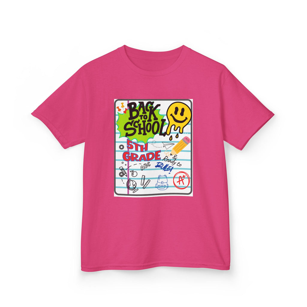 Kids "Back to School" Notebook Graphic Tee – 5th Grade Smiley Doodle Shirt