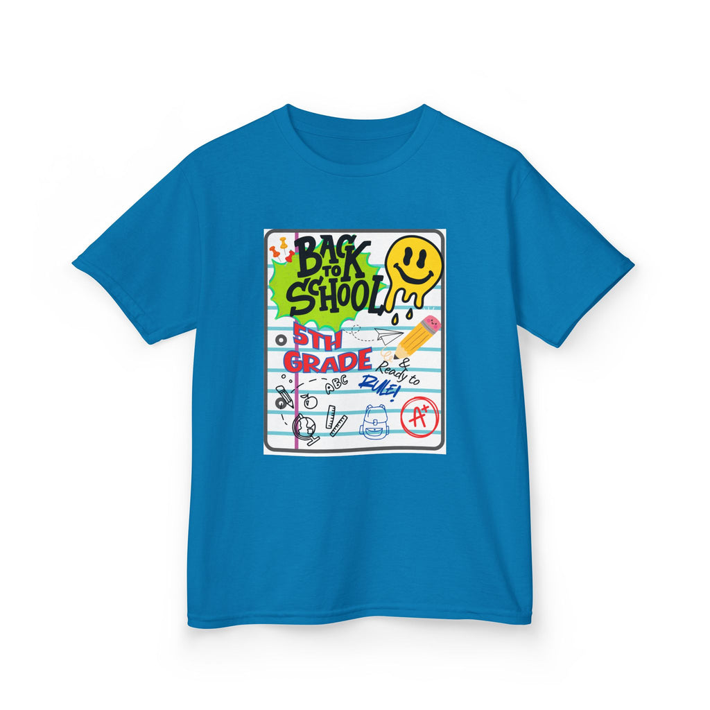 Kids "Back to School" Notebook Graphic Tee – 5th Grade Smiley Doodle Shirt
