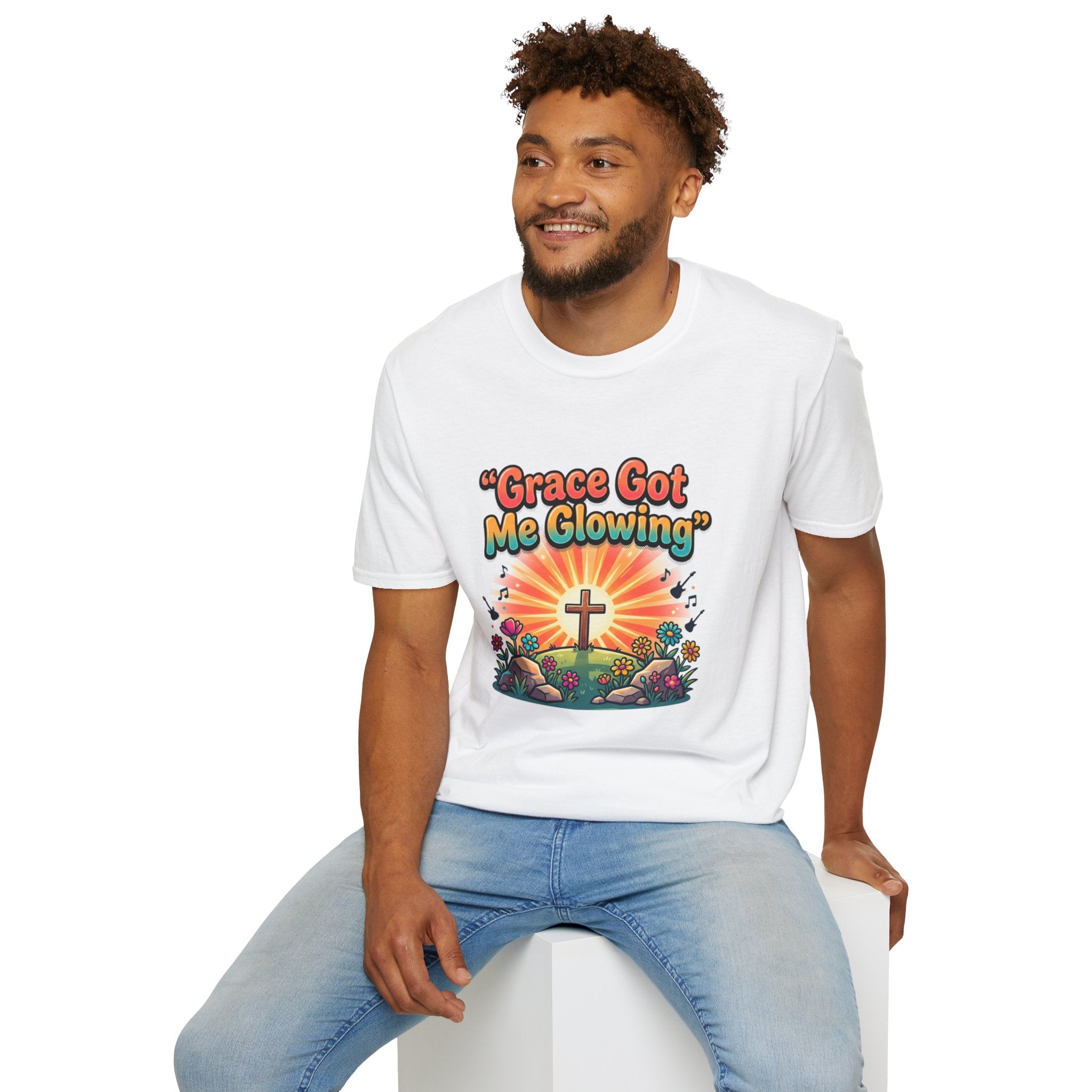 T-Shirt — "Grace Got Me Glowing" Christian Retro Sunrise Faith Tee