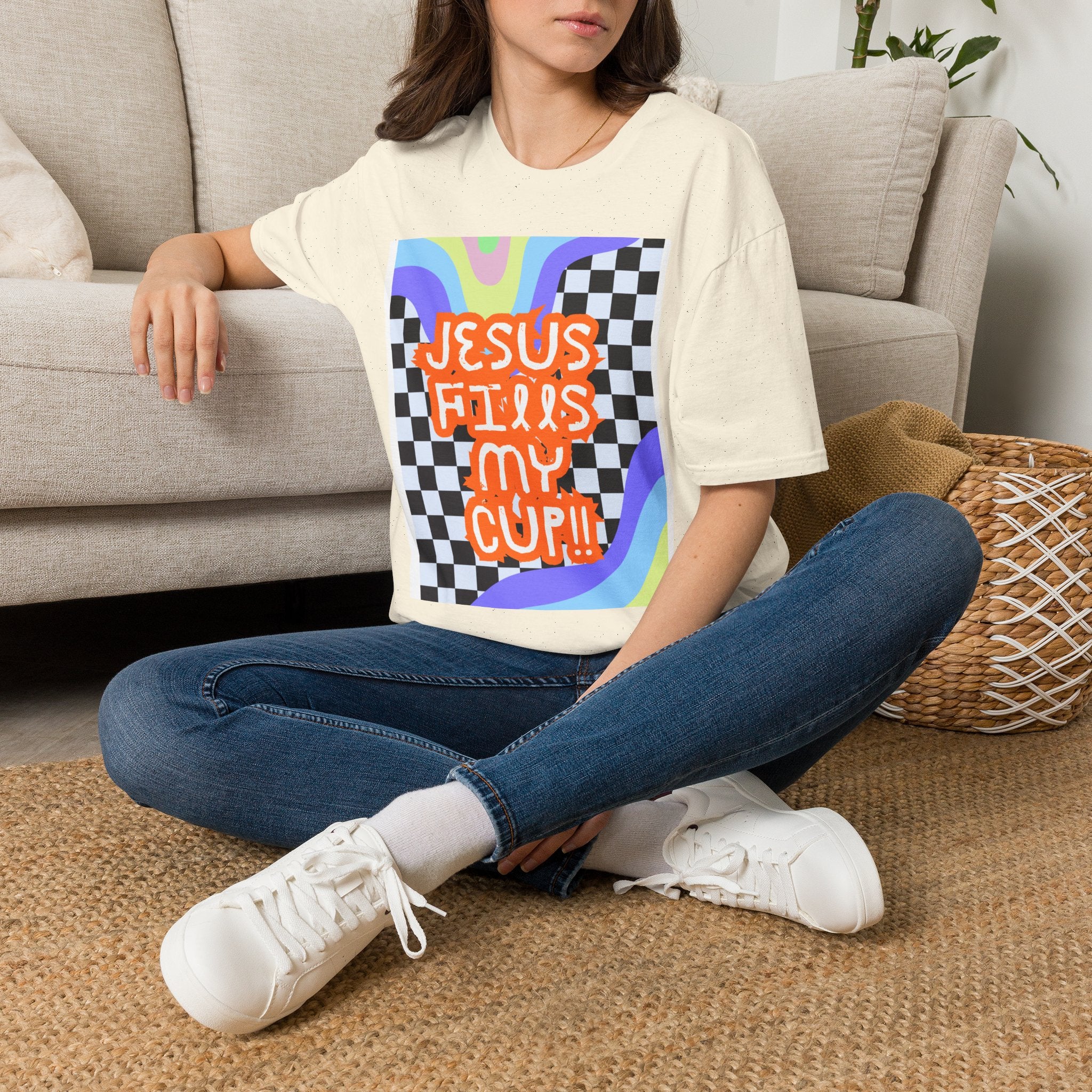 T-Shirt — "Jesus Fills My Cup" Retro Checkerboard Faith Tee