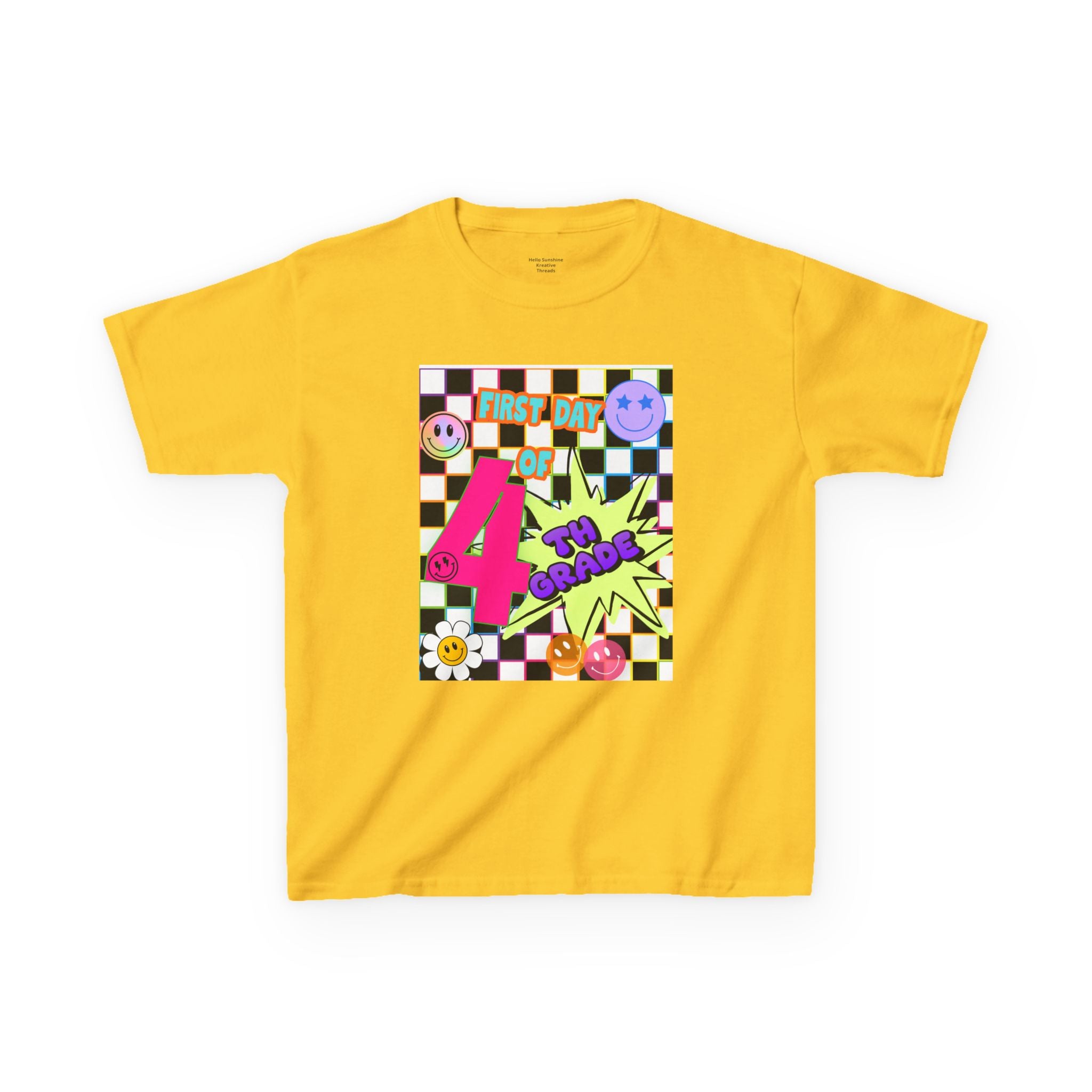 Kids 4th Grade First Day T-Shirt — Retro Checkerboard Neon Design