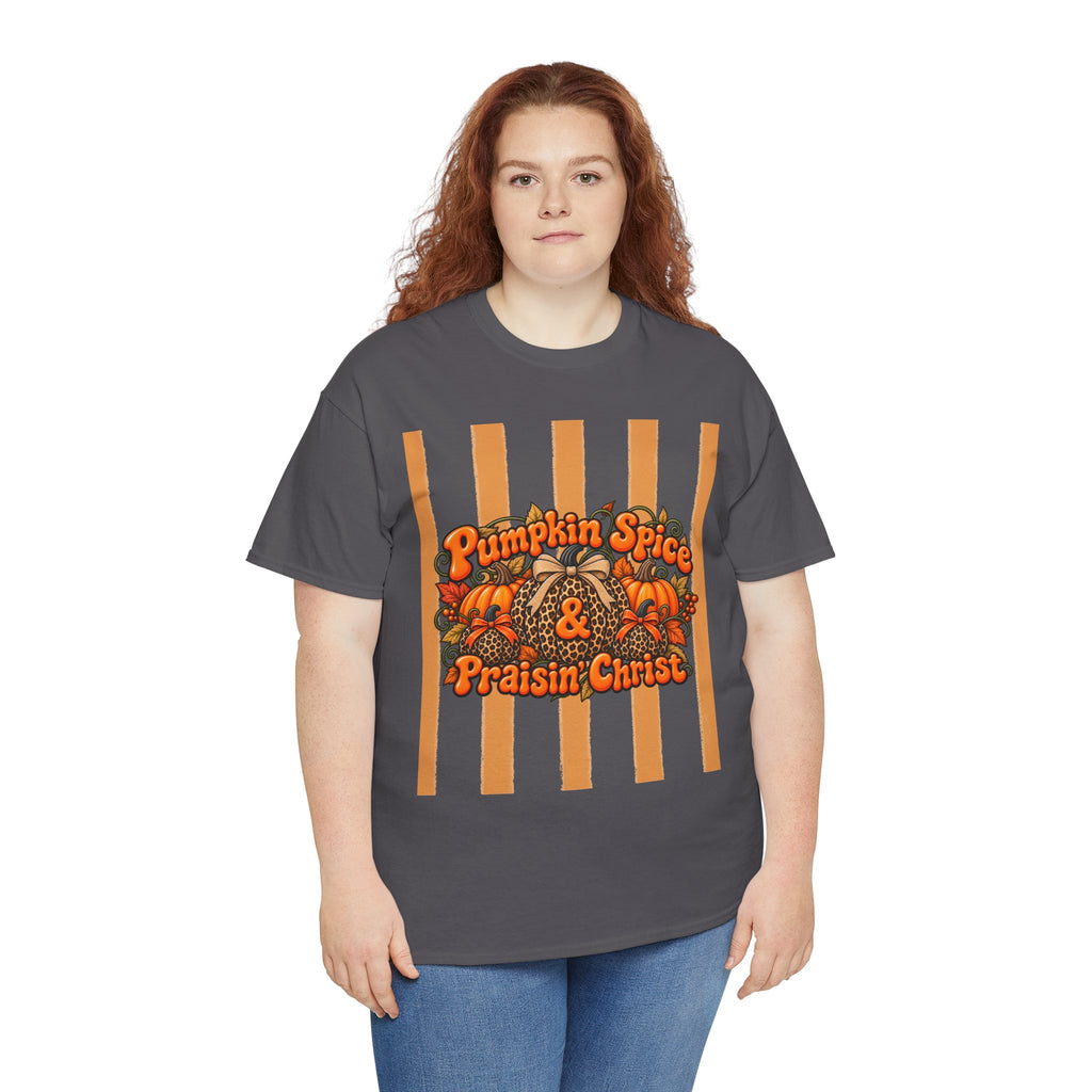 Pumpkin Spice & Praisin' Christ Tee — Fall Christian Pumpkin Graphic T-Shirt