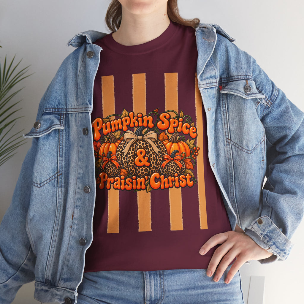 Pumpkin Spice & Praisin' Christ Tee — Fall Christian Pumpkin Graphic T-Shirt