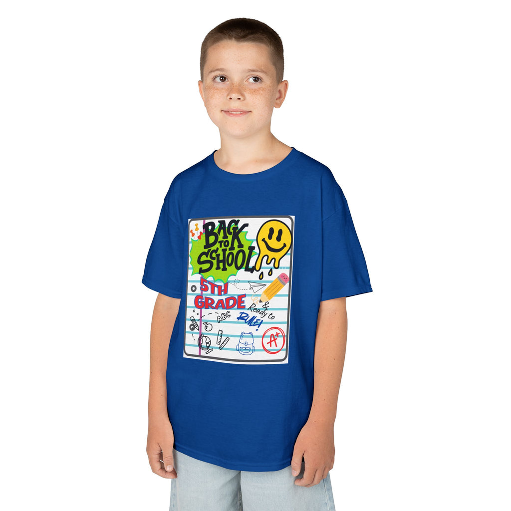 Kids "Back to School" Notebook Graphic Tee – 5th Grade Smiley Doodle Shirt
