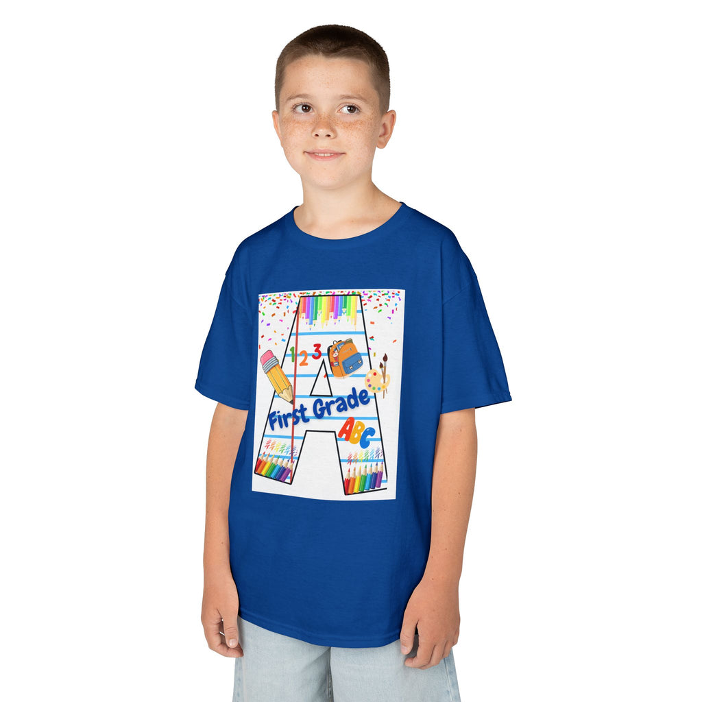 First Grade Kids Tee — Back to School A Monogram T-Shirt with Pencils & ABCs